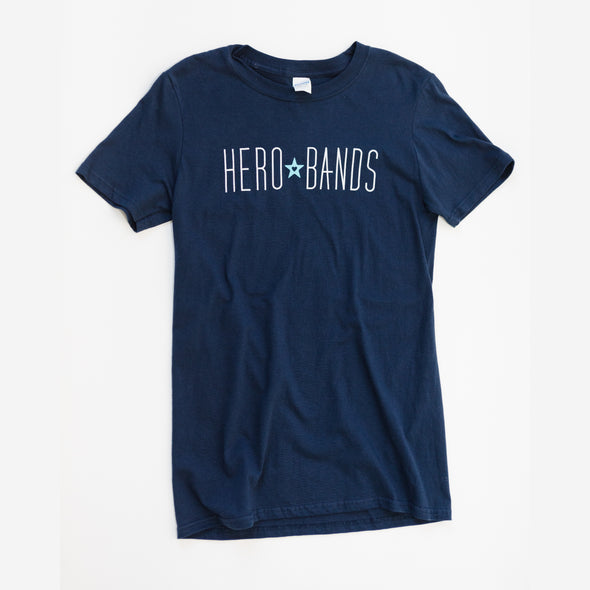 navy t-shirt with hero bands logo